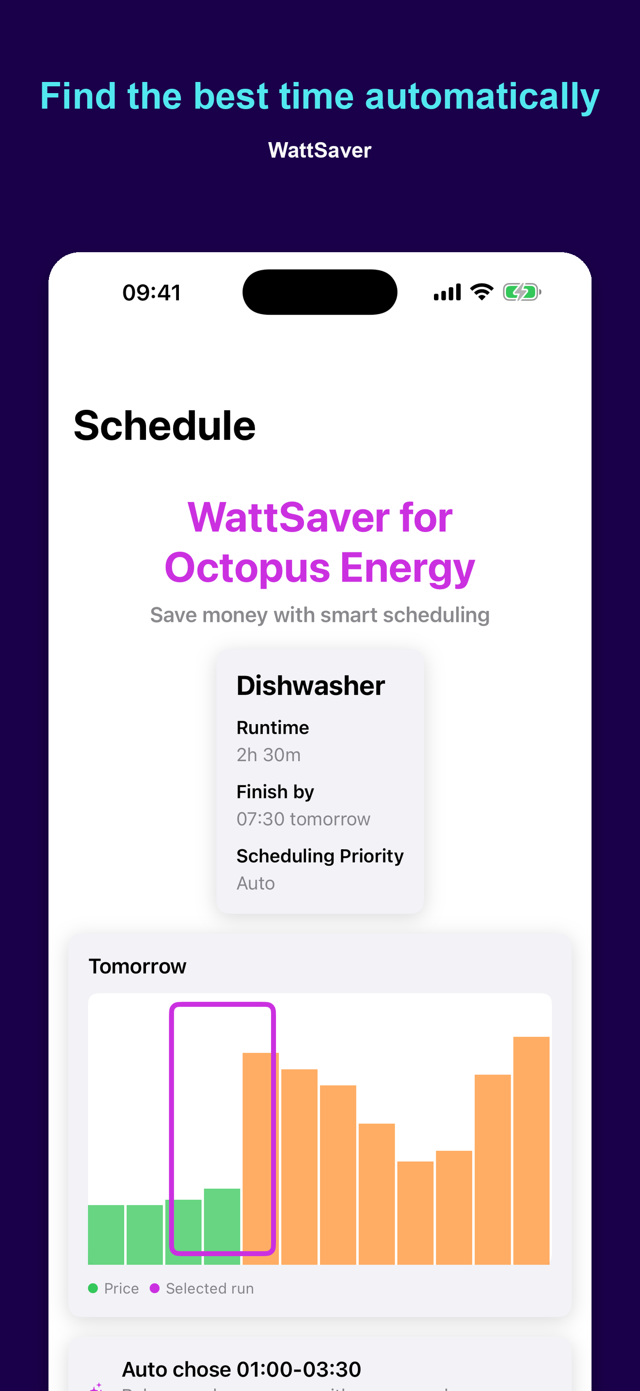 WattSaver automatic scheduling screen on iPhone