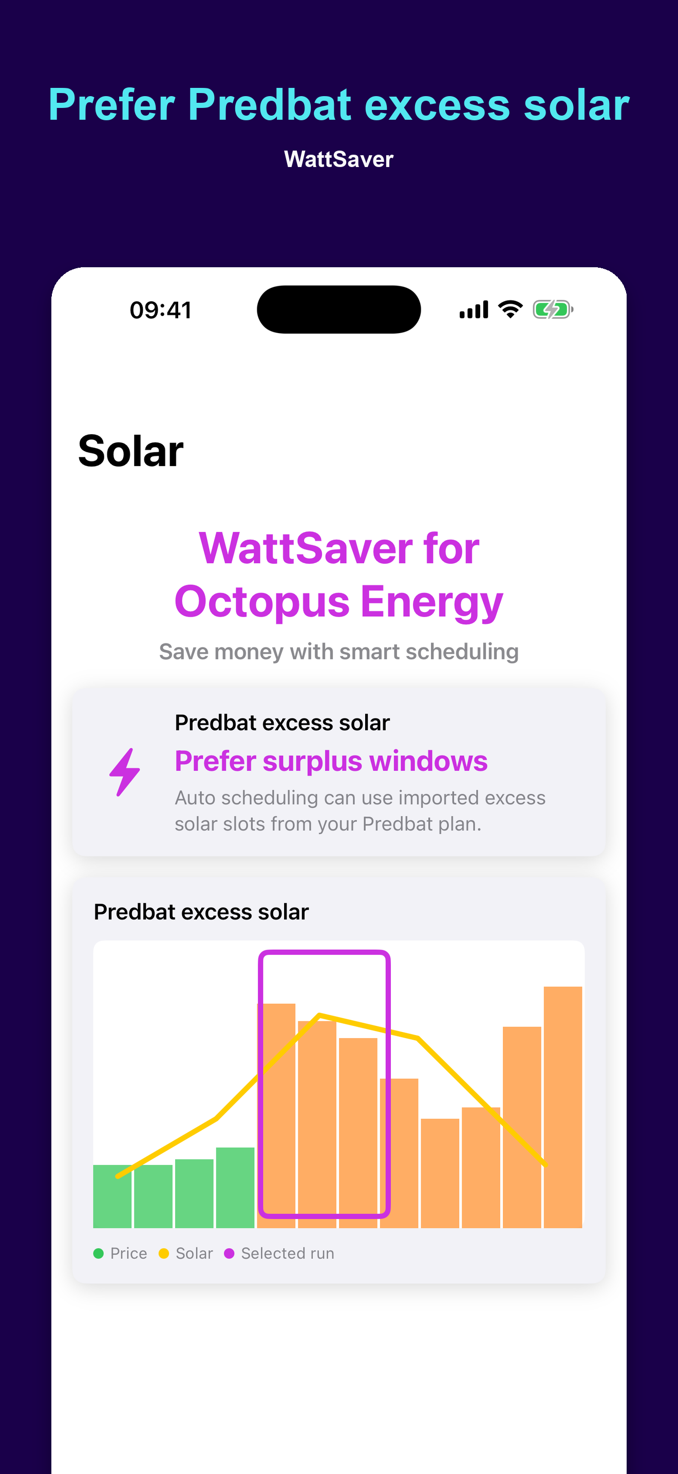 WattSaver excess solar screen on iPhone