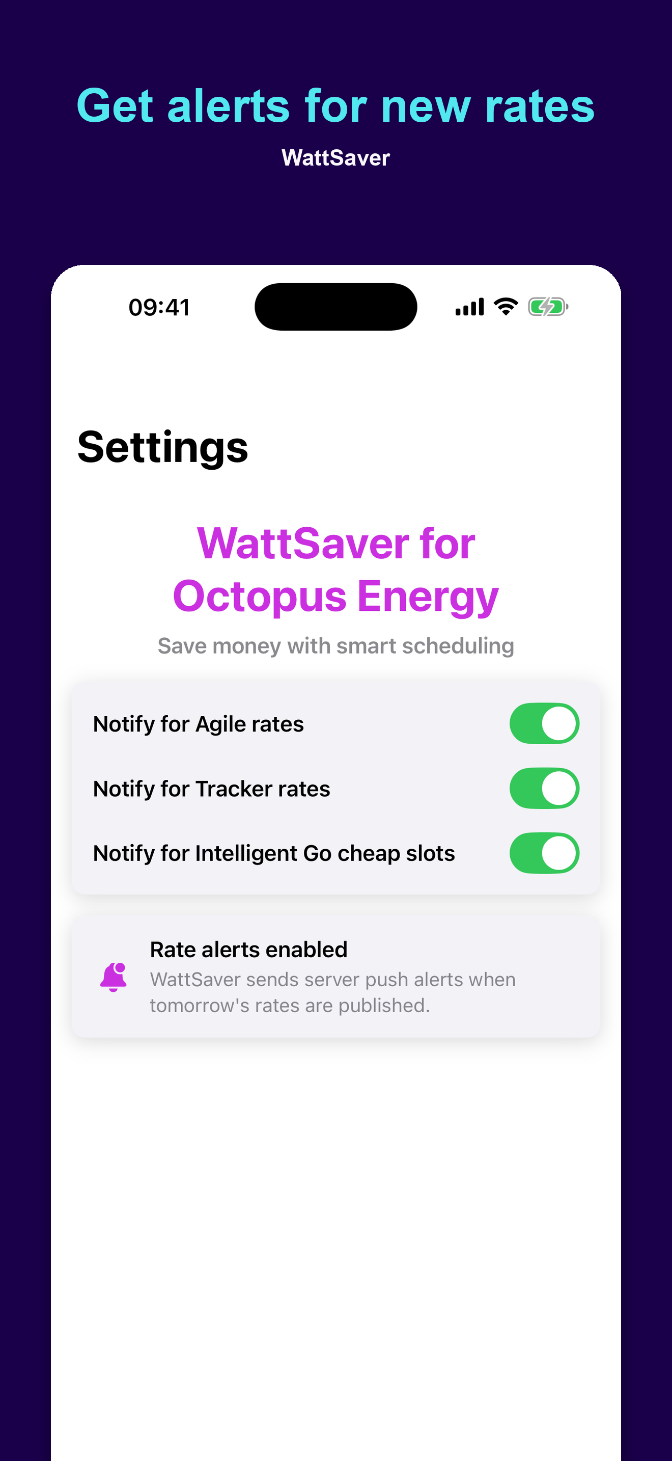 WattSaver rate notifications screen on iPhone