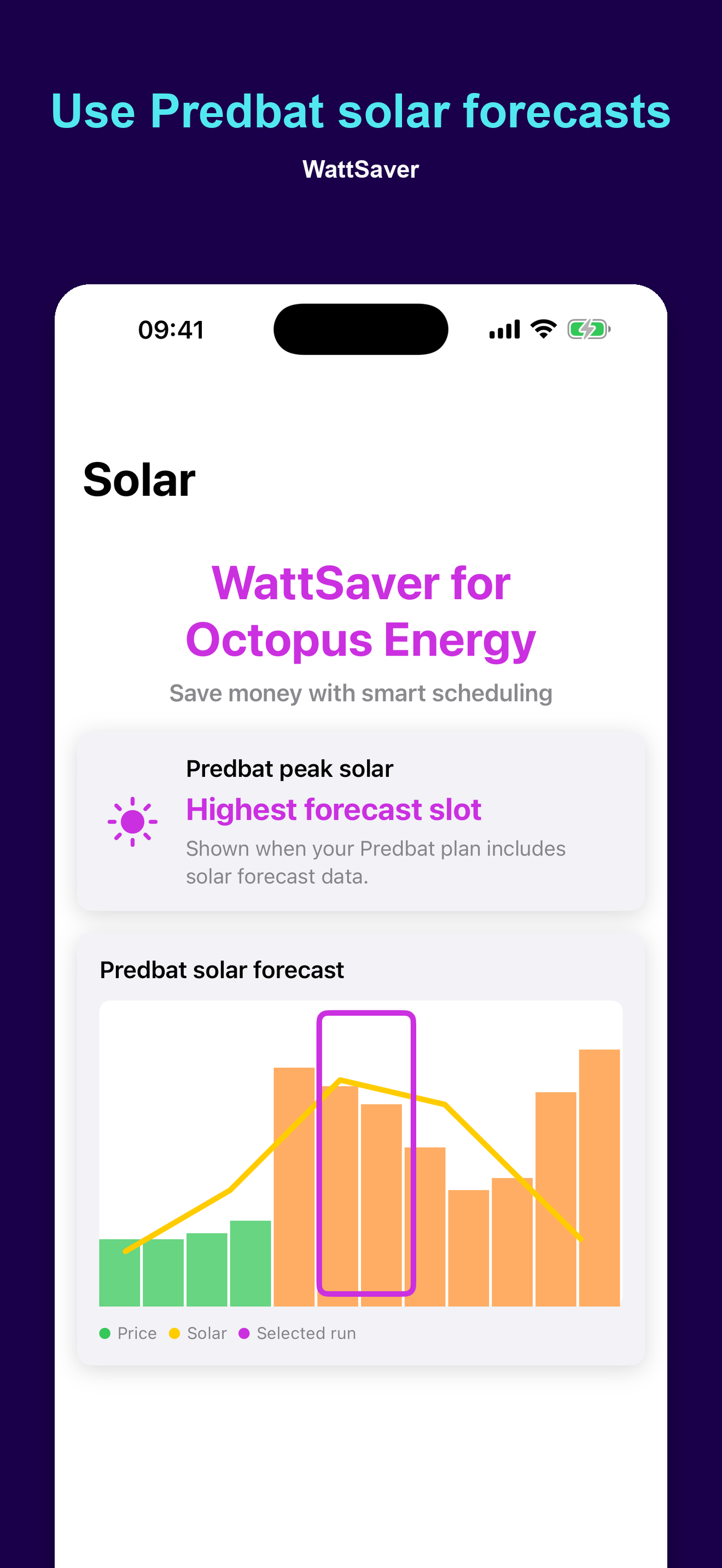 WattSaver peak solar screen on iPhone