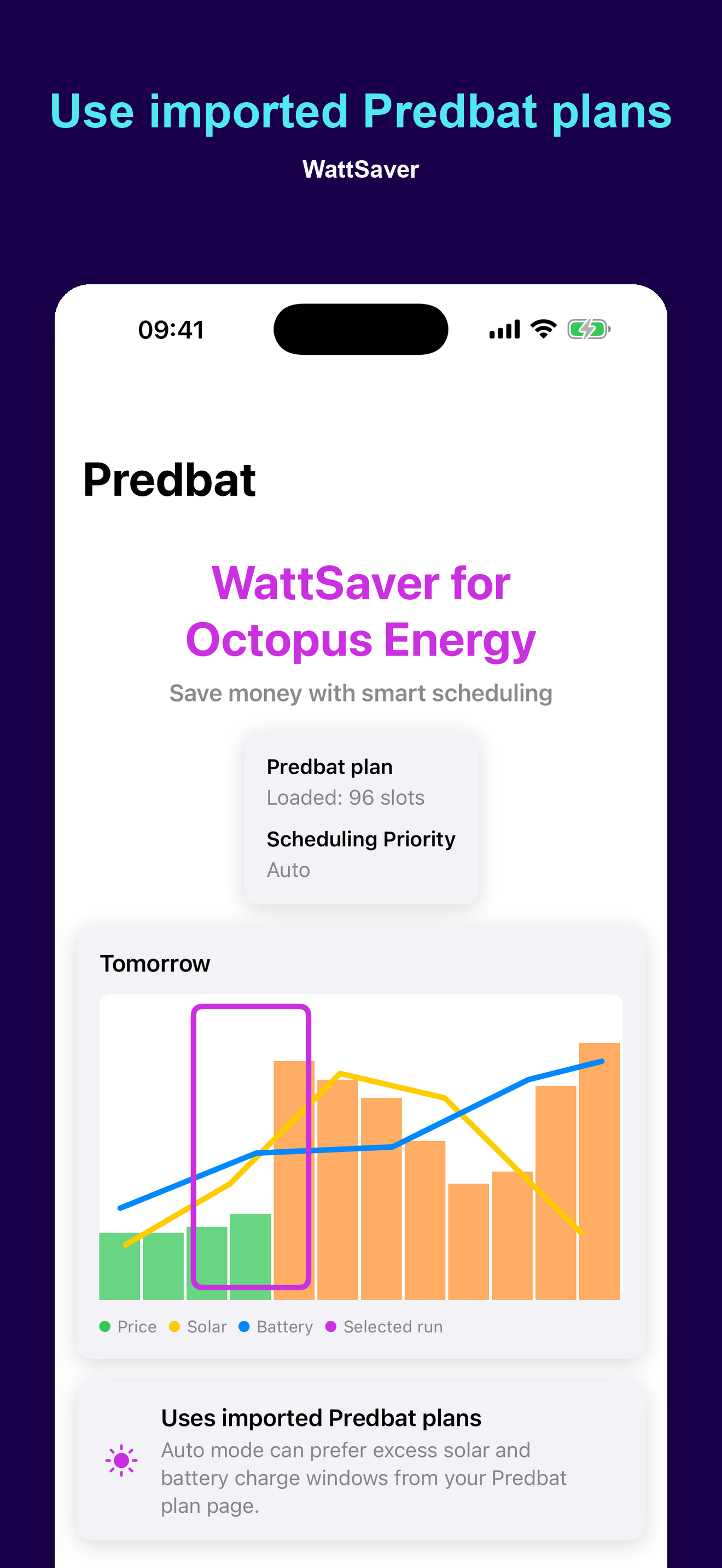 WattSaver imported Predbat plan screen on iPhone