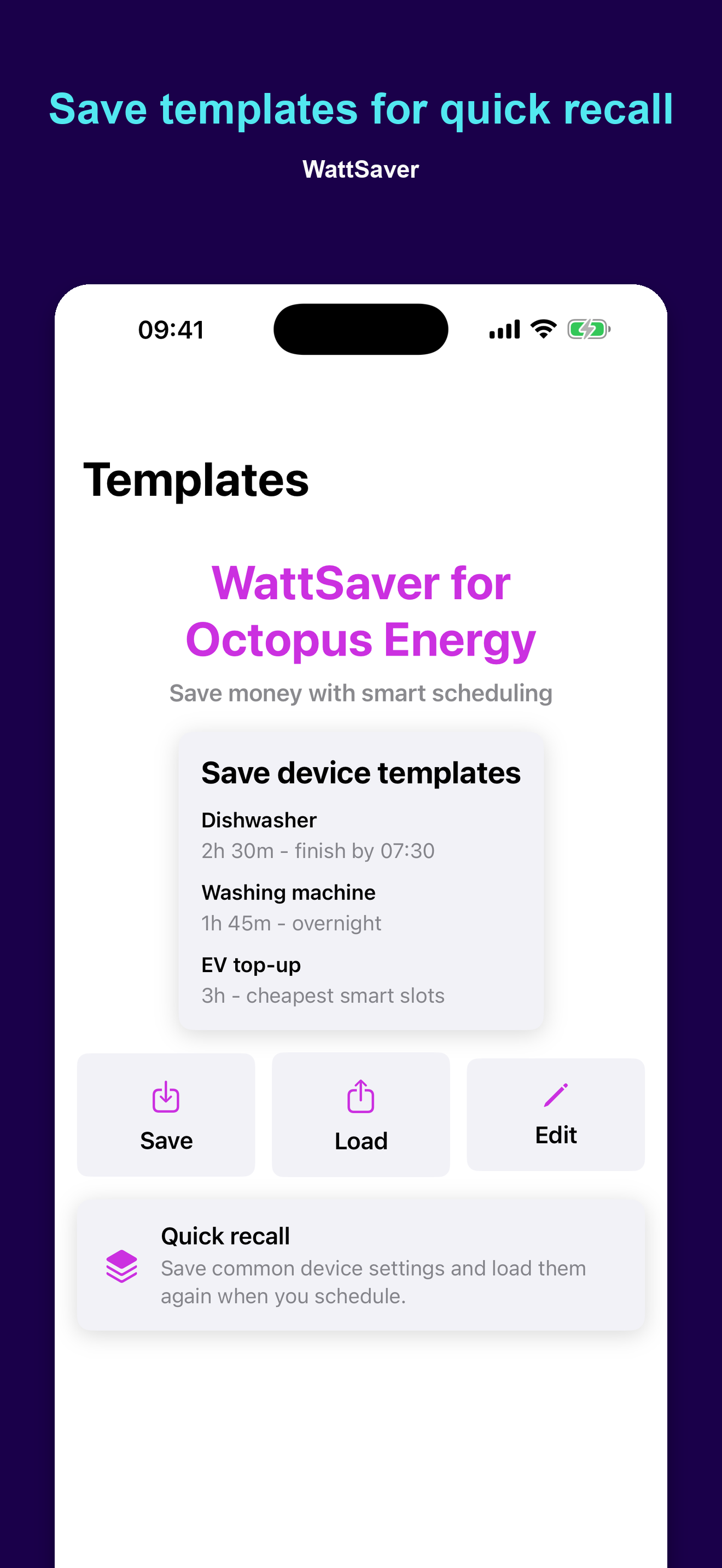 WattSaver saved templates screen on iPhone